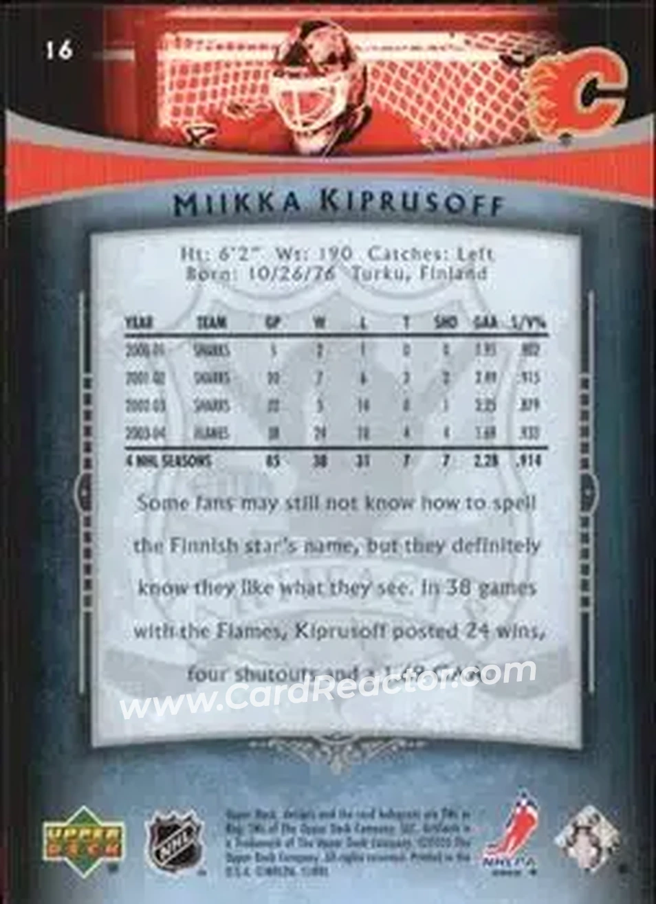2005-06 Upper Deck Artifacts #16 - Miikka Kiprusoff - Calgary Flames - Back 2005-06 Upper Deck Artifacts #16 - Miikka Kiprusoff - Calgary Flames - Back