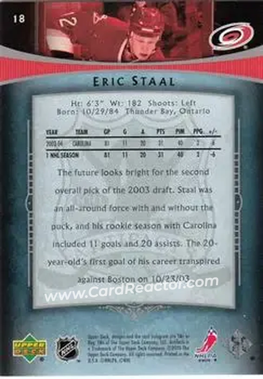 2005-06 Upper Deck Artifacts #18 - Eric Staal - Carolina Hurricanes - Back 2005-06 Upper Deck Artifacts #18 - Eric Staal - Carolina Hurricanes - Back