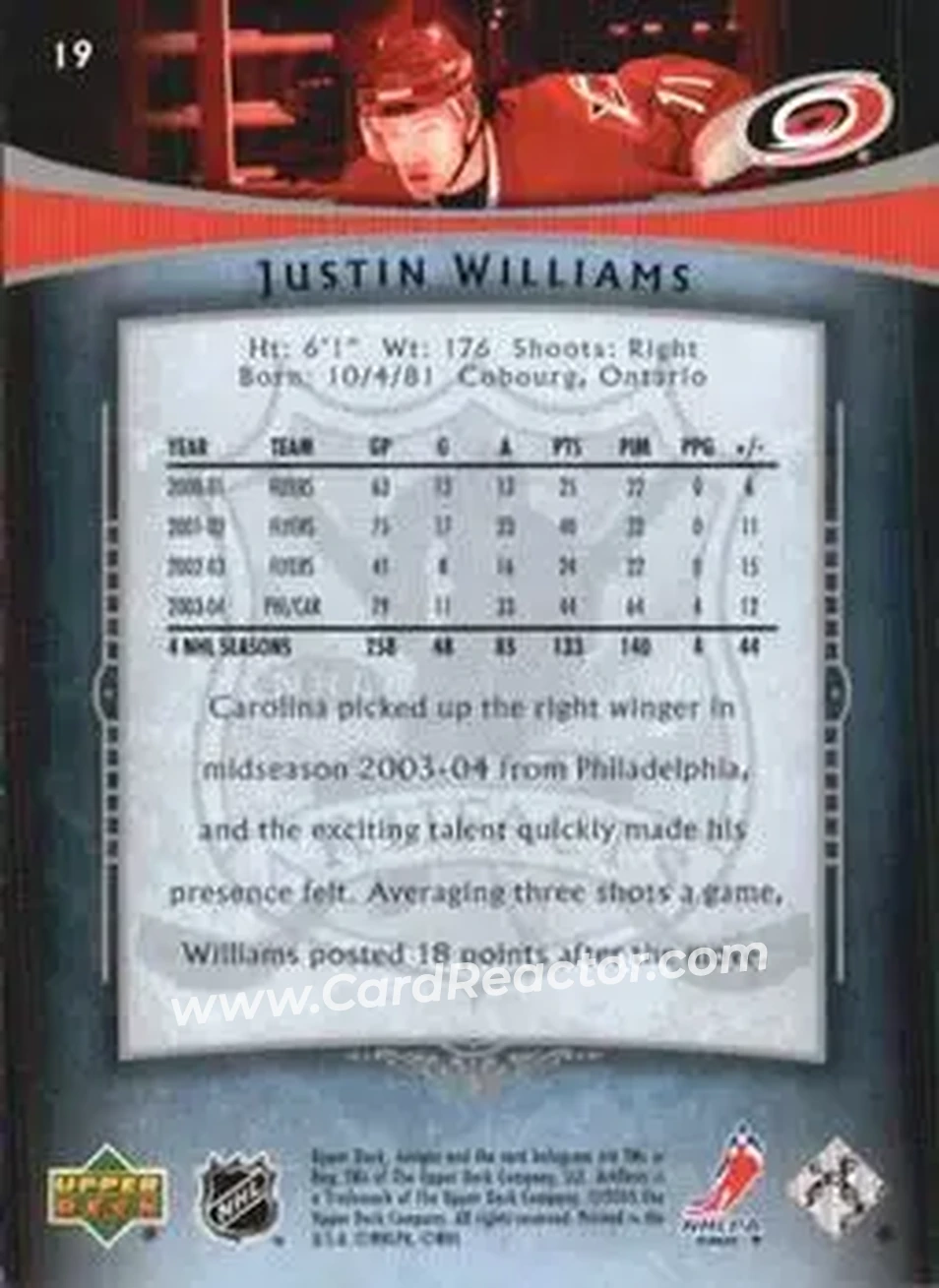 2005-06 Upper Deck Artifacts #19 - Justin Williams - Carolina Hurricanes - Back 2005-06 Upper Deck Artifacts #19 - Justin Williams - Carolina Hurricanes - Back
