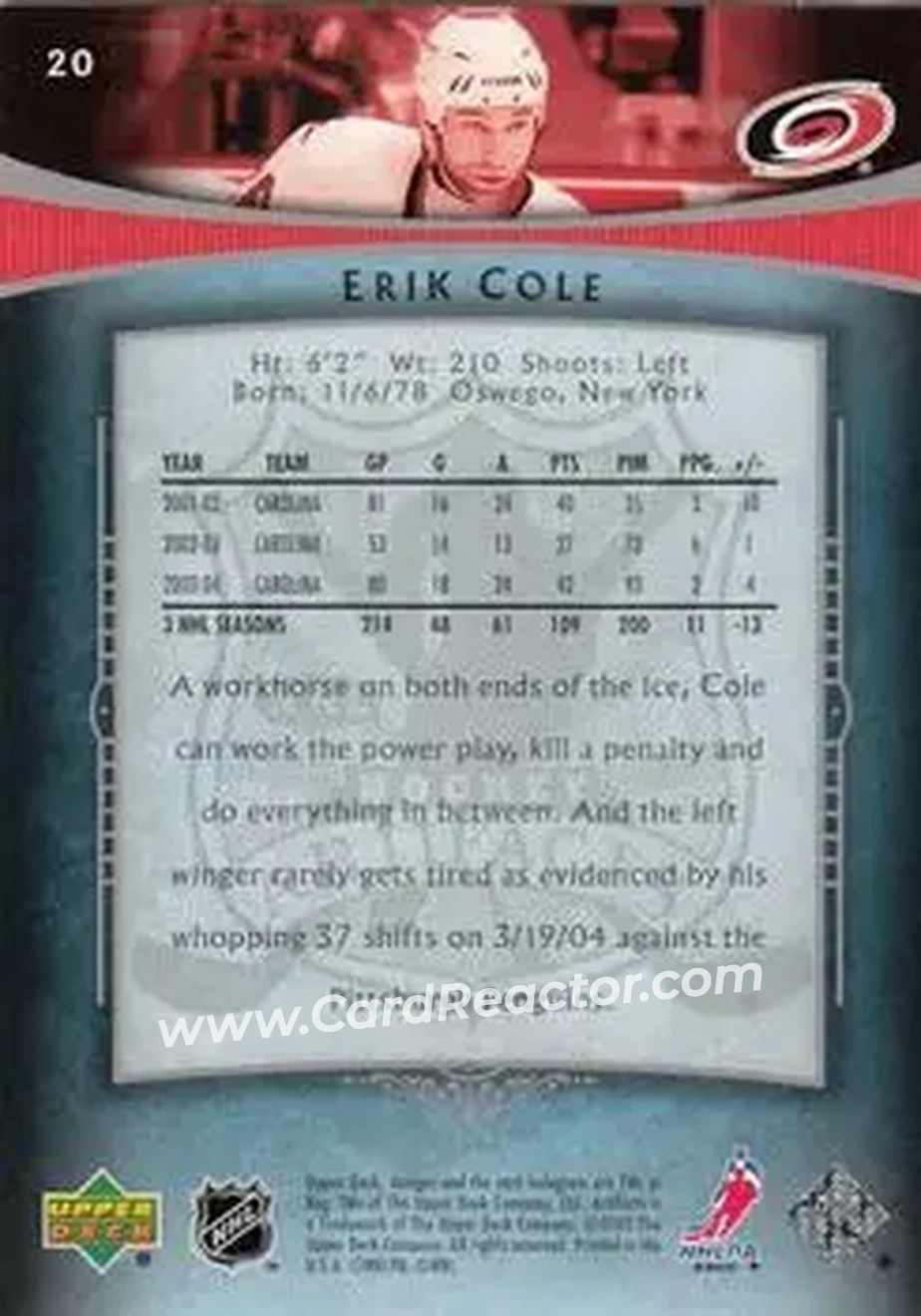 2005-06 Upper Deck Artifacts #20 - Erik Cole - Carolina Hurricanes - Back 2005-06 Upper Deck Artifacts #20 - Erik Cole - Carolina Hurricanes - Back