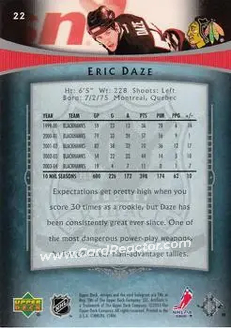 2005-06 Upper Deck Artifacts #22 - Eric Daze - Chicago Blackhawks - Back 2005-06 Upper Deck Artifacts #22 - Eric Daze - Chicago Blackhawks - Back