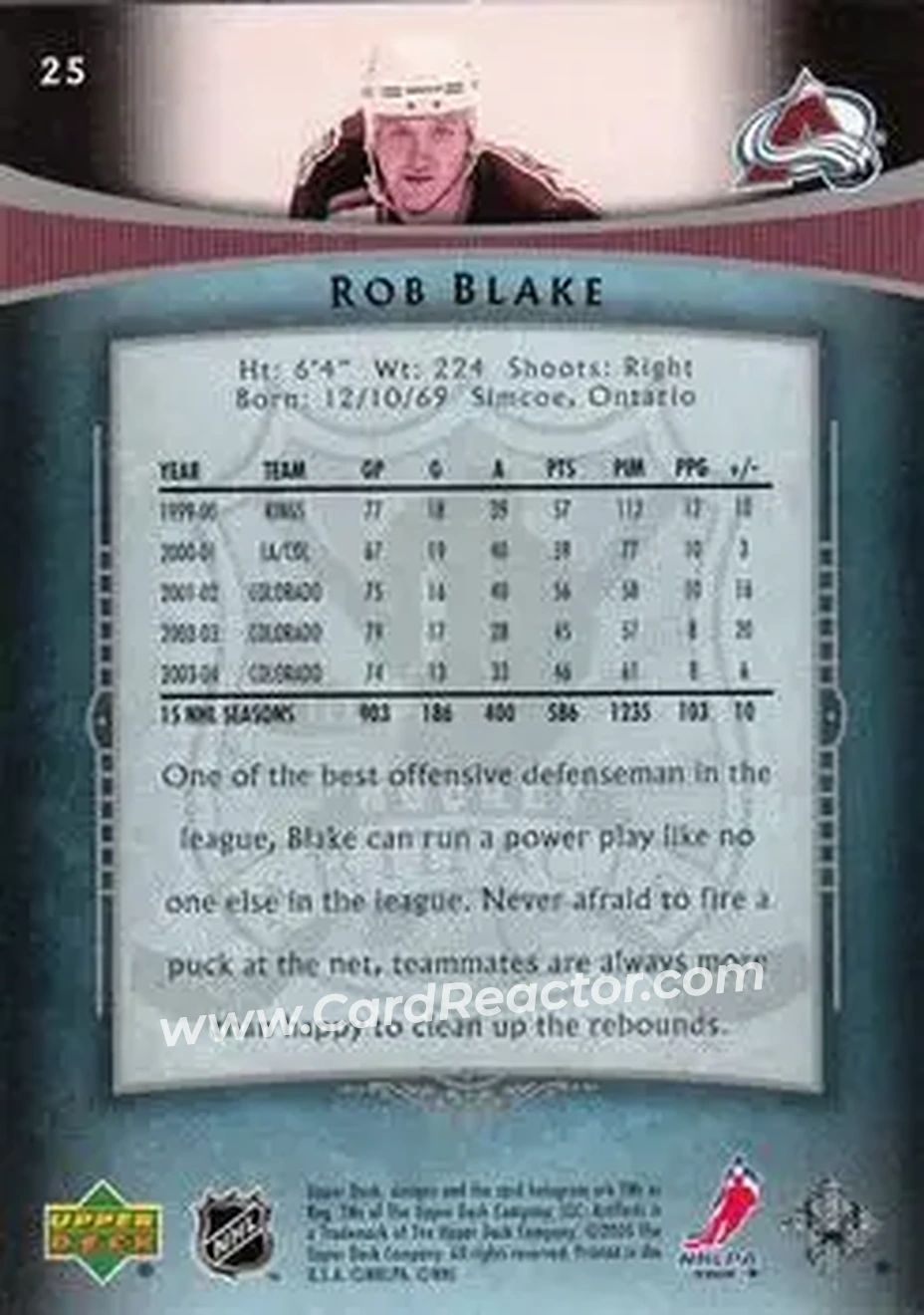 2005-06 Upper Deck Artifacts #25 - Rob Blake - Colorado Avalanche - Back 2005-06 Upper Deck Artifacts #25 - Rob Blake - Colorado Avalanche - Back