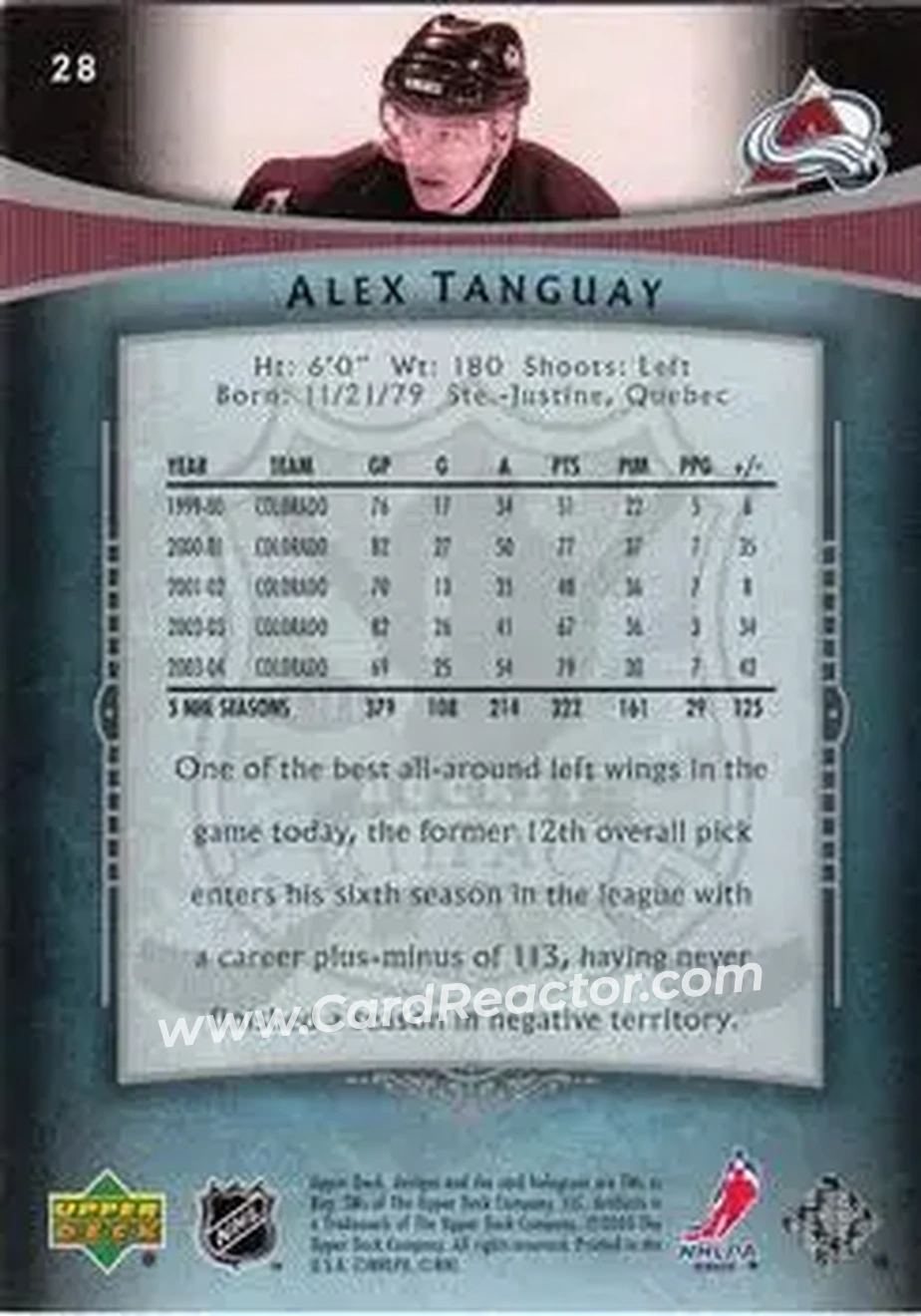 2005-06 Upper Deck Artifacts #28 - Alex Tanguay - Colorado Avalanche - Back 2005-06 Upper Deck Artifacts #28 - Alex Tanguay - Colorado Avalanche - Back
