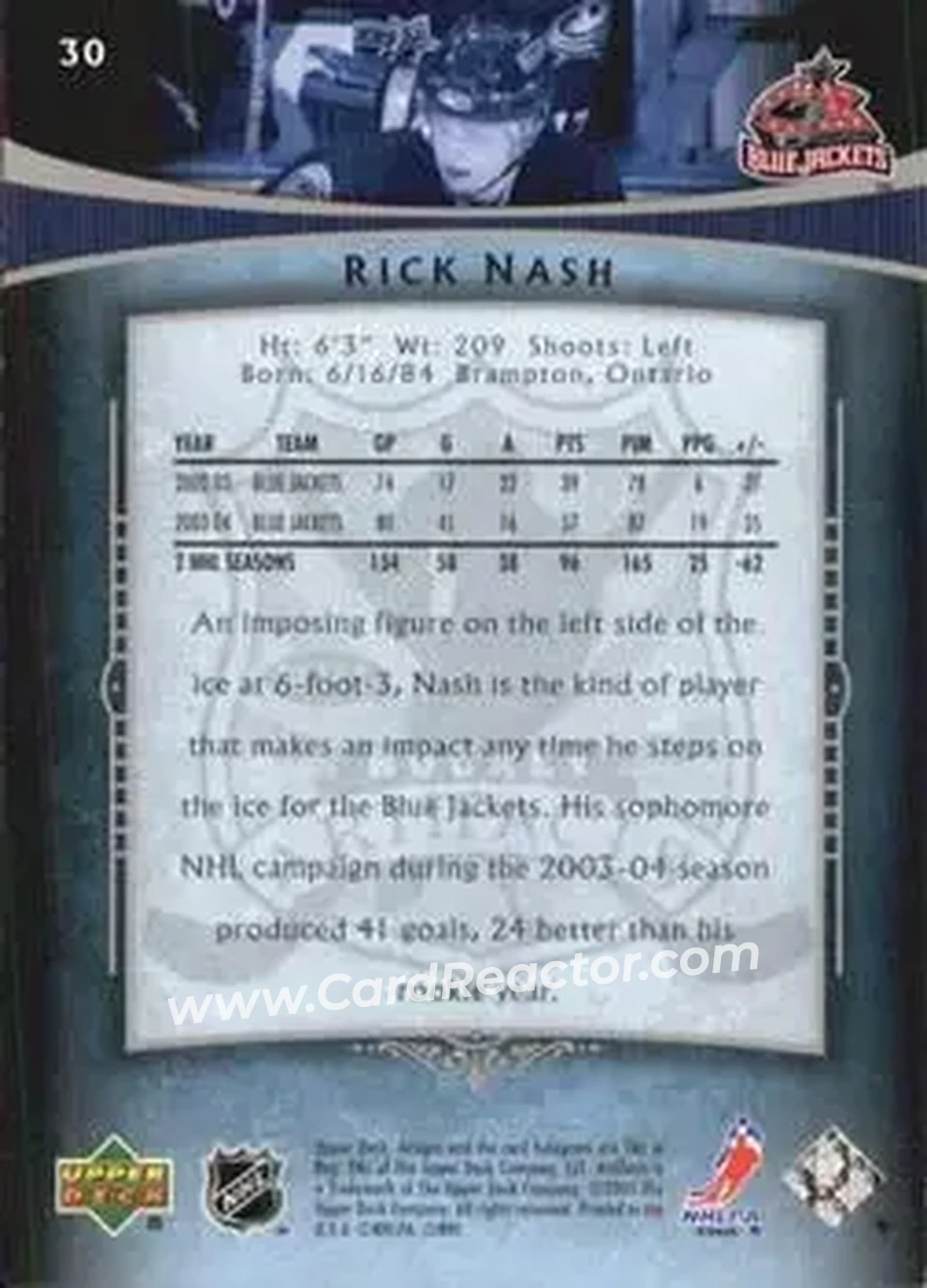 2005-06 Upper Deck Artifacts #30 - Rick Nash - Columbus Blue Jackets - Back 2005-06 Upper Deck Artifacts #30 - Rick Nash - Columbus Blue Jackets - Back