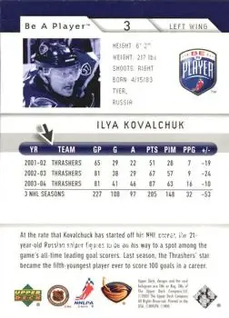2005-06 Upper Deck Be a Player #3 - Ilya Kovalchuk - Atlanta Thrashers - Back