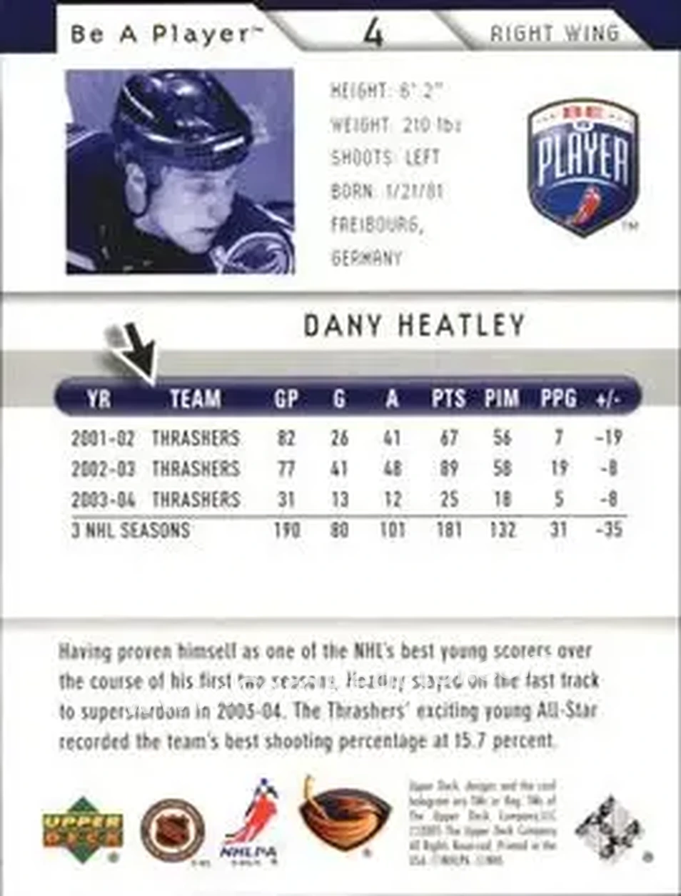 2005-06 Upper Deck Be a Player #4 - Dany Heatley - Atlanta Thrashers - Back