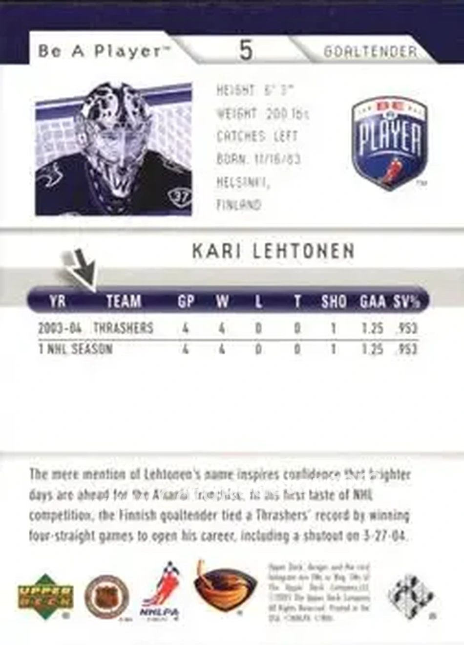 2005-06 Upper Deck Be a Player #5 - Kari Lehtonen - Atlanta Thrashers - Back