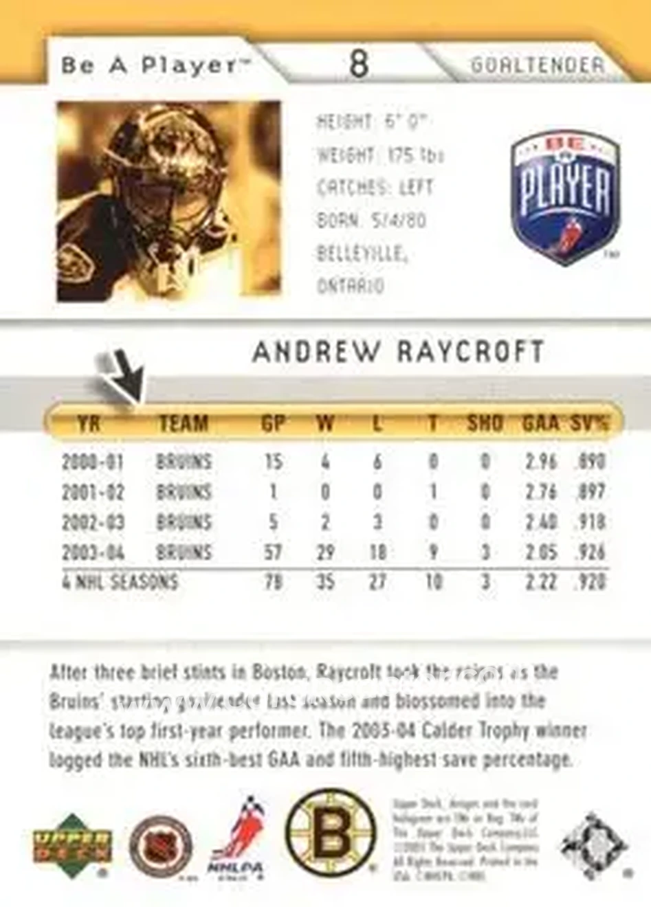 2005-06 Upper Deck Be a Player #8 - Andrew Raycroft - Boston Bruins - Back 2005-06 Upper Deck Be a Player #8 - Andrew Raycroft - Boston Bruins - Back