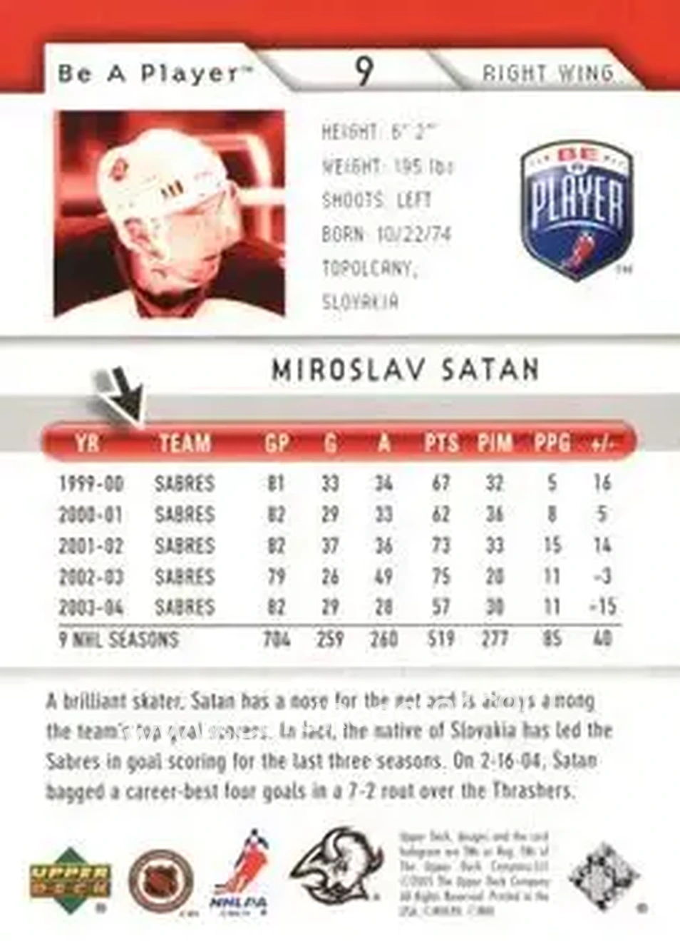 2005-06 Upper Deck Be a Player #9 - Miroslav Satan - Buffalo Sabres - Back