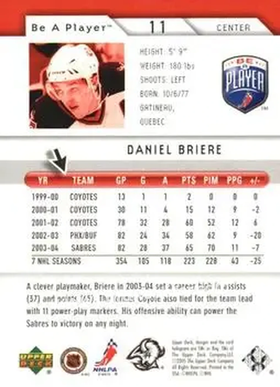 2005-06 Upper Deck Be a Player #11 - Daniel Briere - Buffalo Sabres - Back