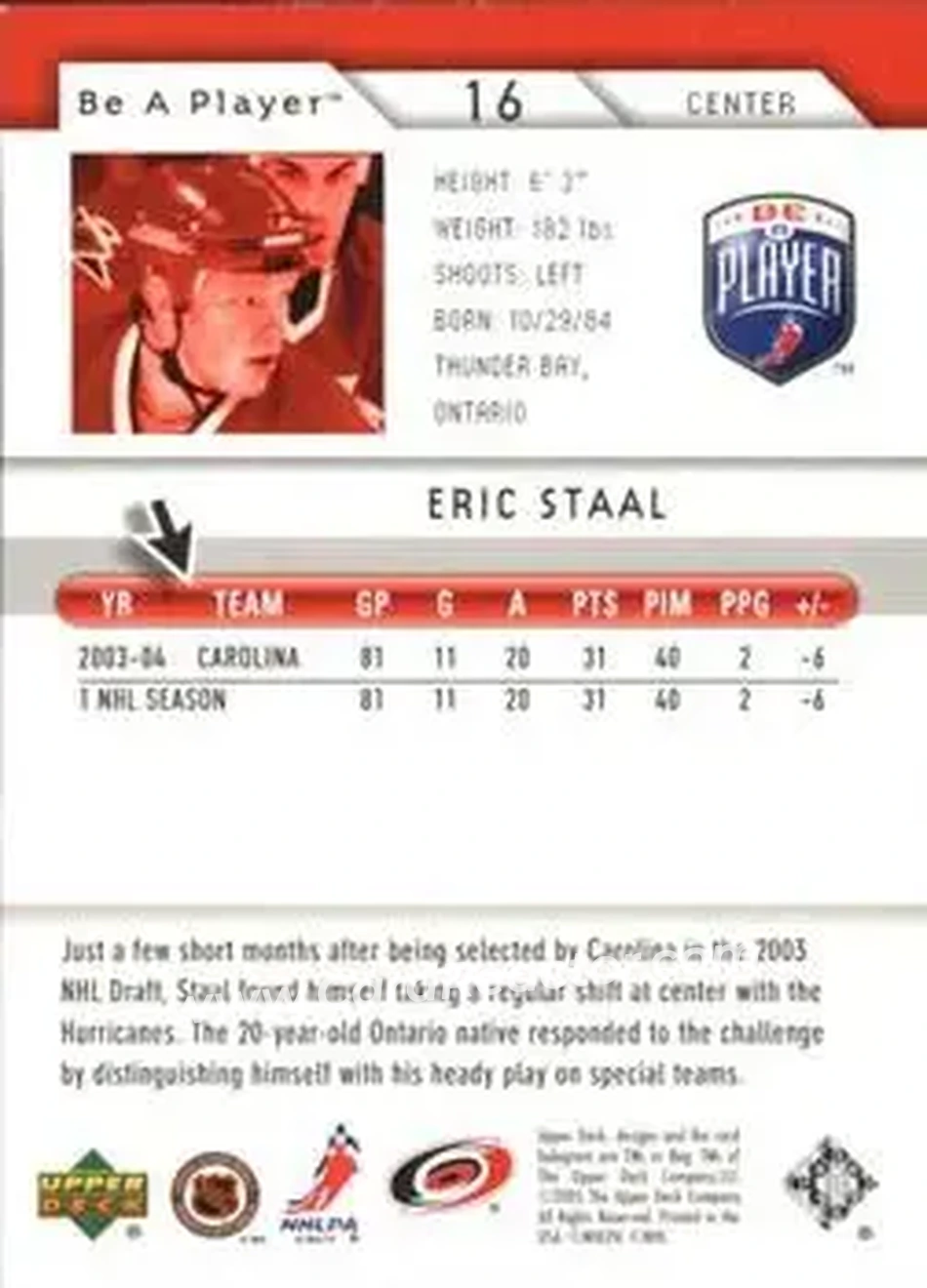 2005-06 Upper Deck Be a Player #16 - Eric Staal - Carolina Hurricanes - Back 2005-06 Upper Deck Be a Player #16 - Eric Staal - Carolina Hurricanes - Back