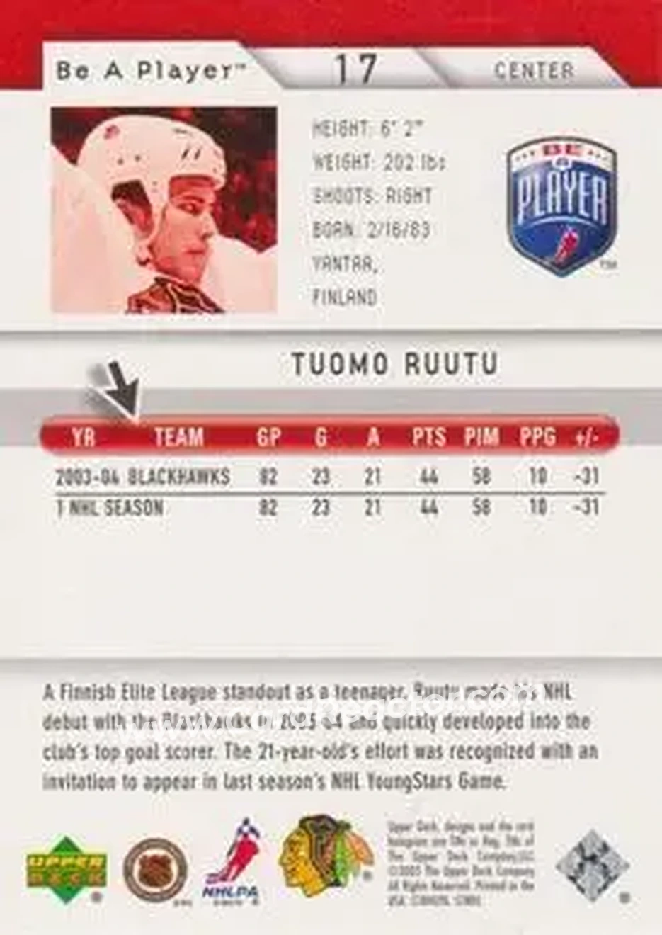 2005-06 Upper Deck Be a Player #17 - Tuomo Ruutu - Chicago Blackhawks - Back