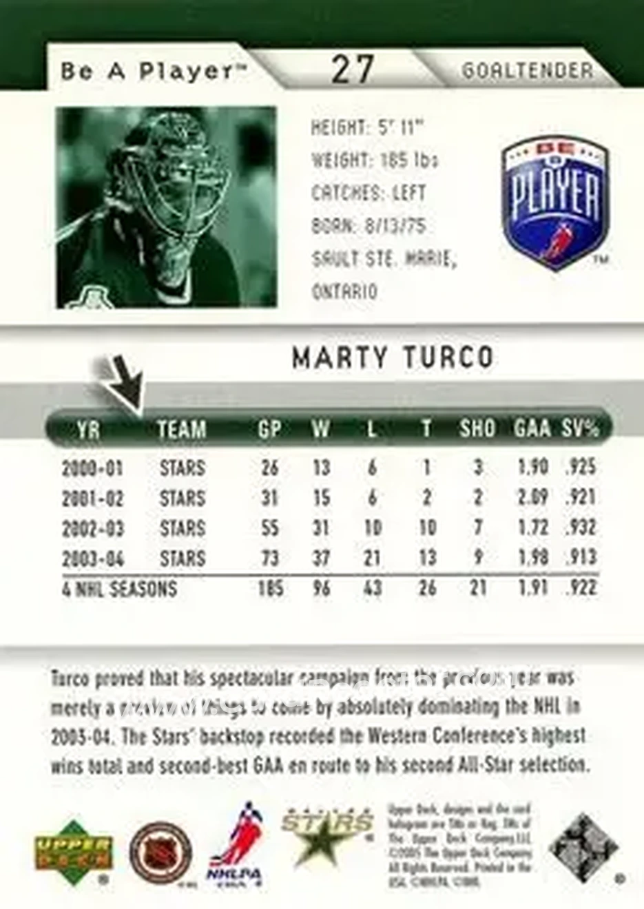 2005-06 Upper Deck Be a Player #27 - Marty Turco - Dallas Stars - Back