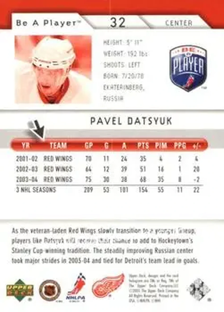 2005-06 Upper Deck Be a Player #32 - Pavel Datsyuk - Detroit Red Wings - Back
