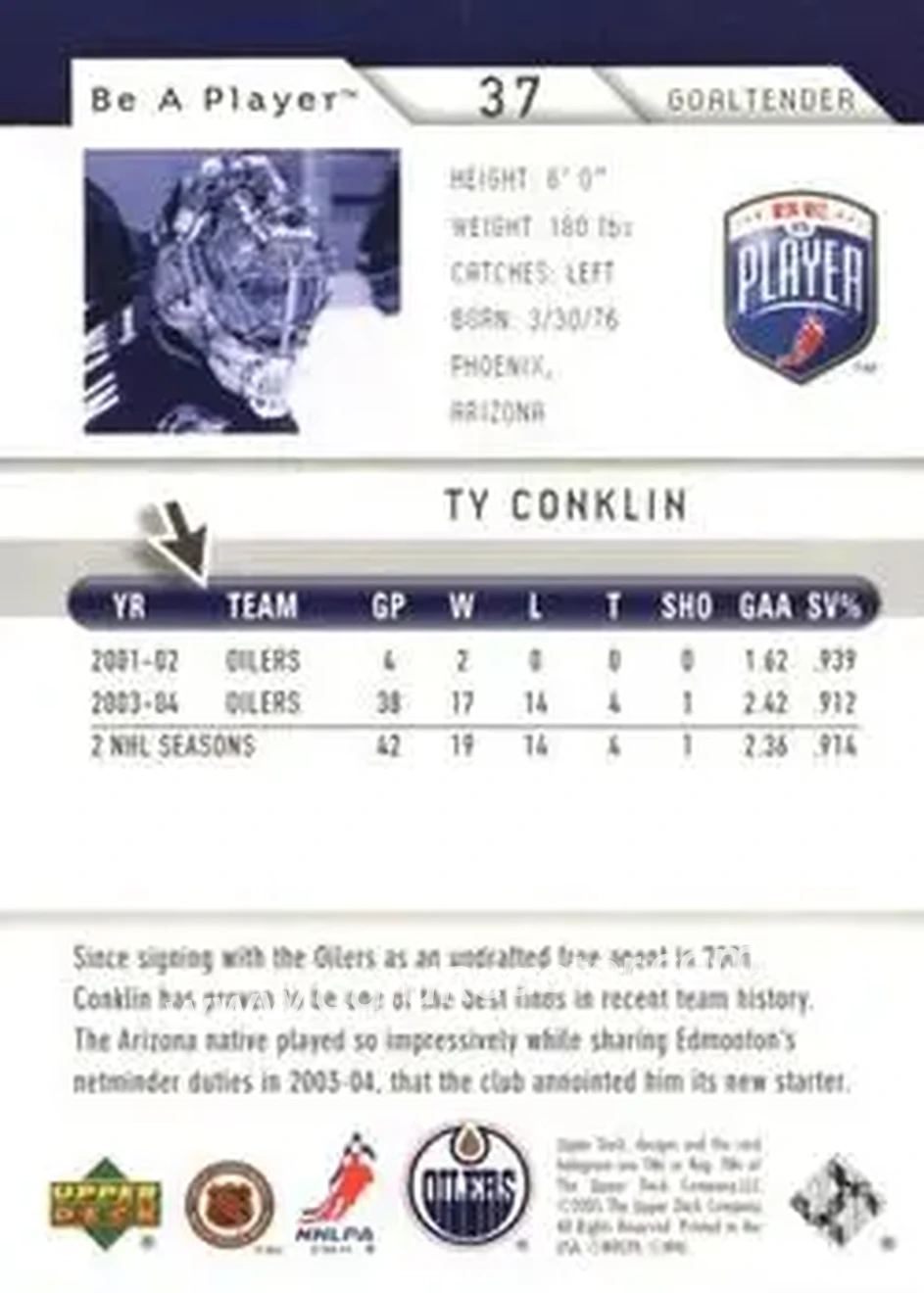 2005-06 Upper Deck Be a Player #37 - Ty Conklin - Edmonton Oilers - Back
