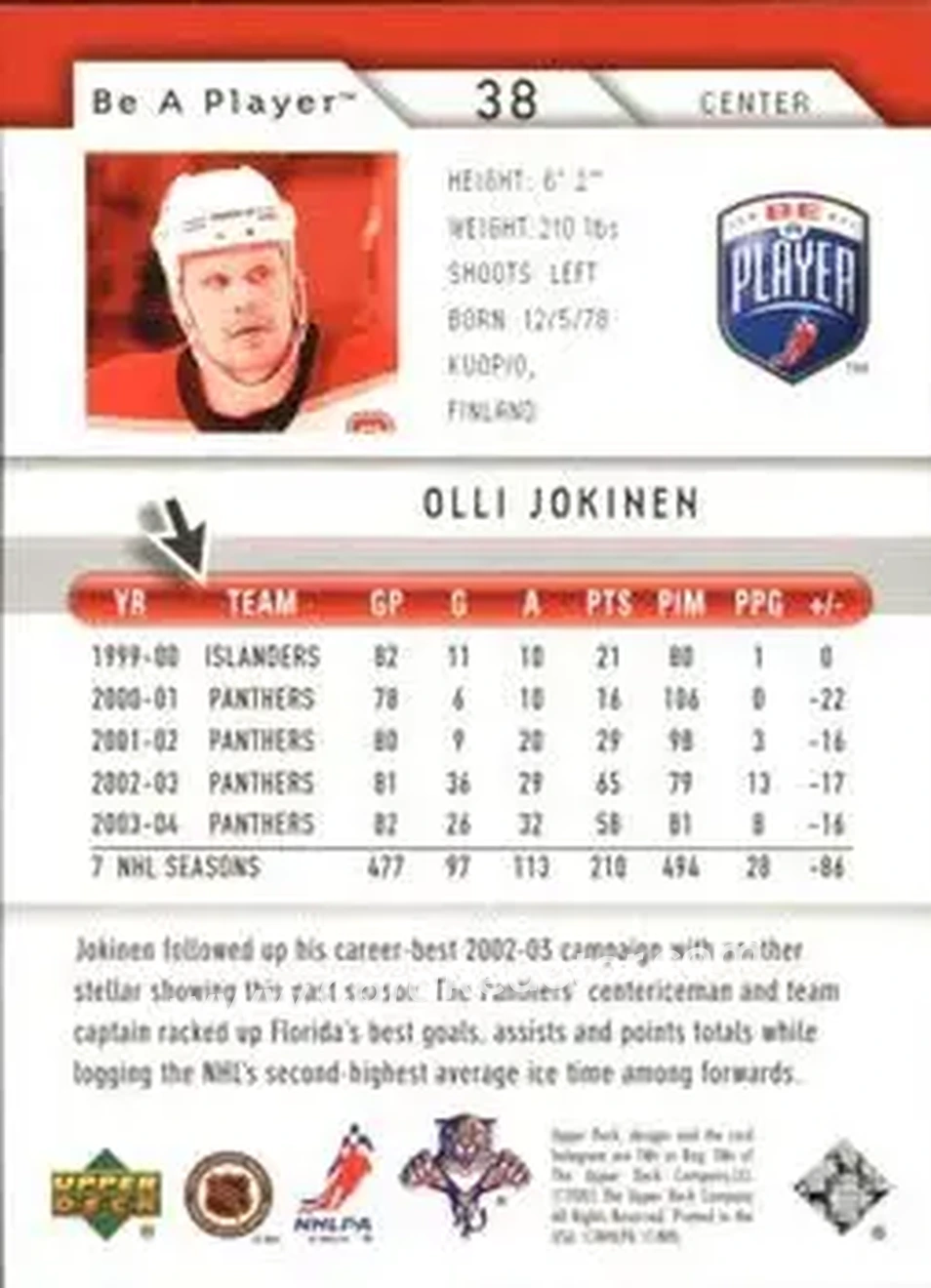 2005-06 Upper Deck Be a Player #38 - Olli Jokinen - Florida Panthers - Back 2005-06 Upper Deck Be a Player #38 - Olli Jokinen - Florida Panthers - Back