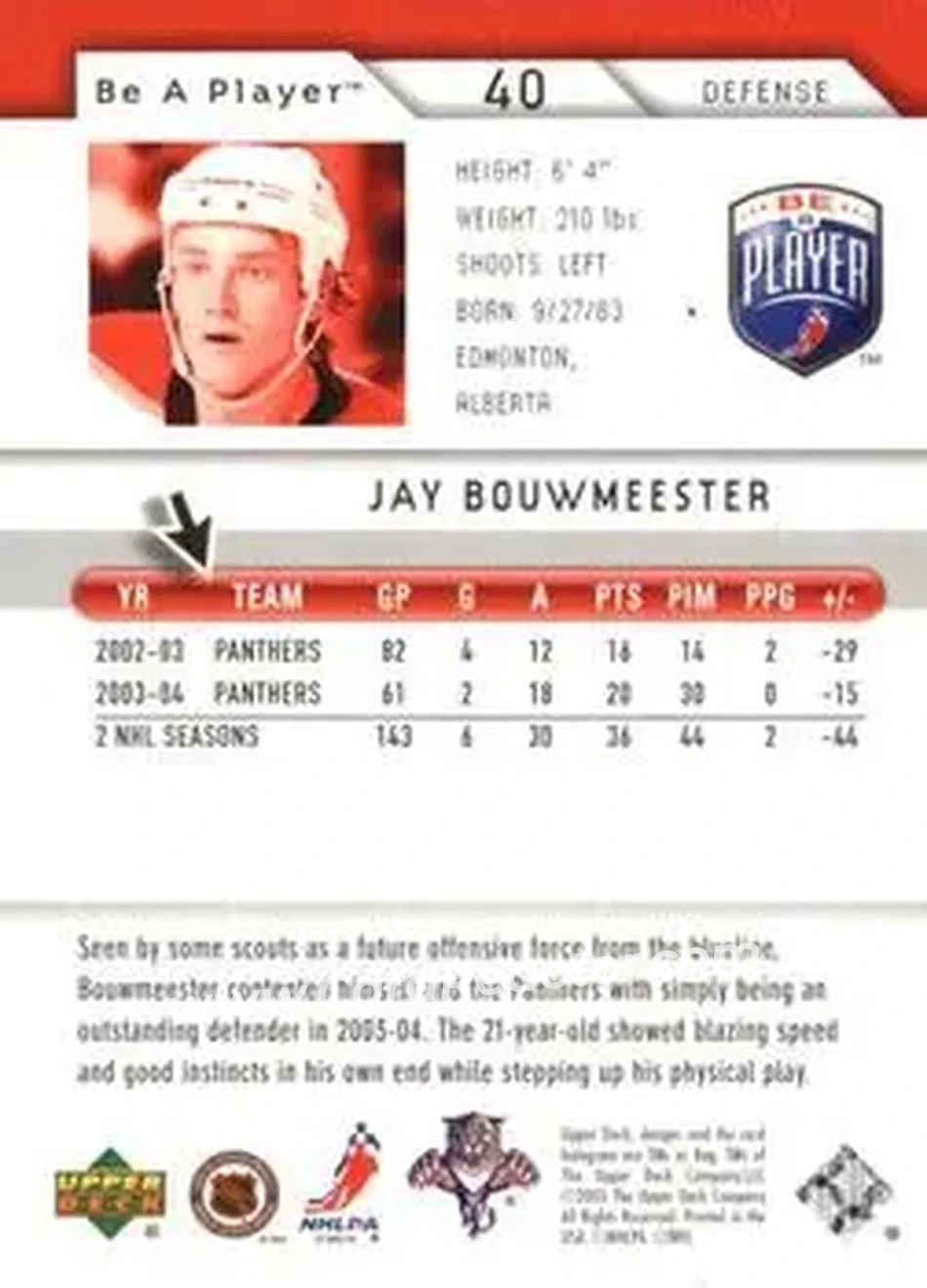 2005-06 Upper Deck Be a Player #40 - Jay Bouwmeester - Florida Panthers - Back 2005-06 Upper Deck Be a Player #40 - Jay Bouwmeester - Florida Panthers - Back
