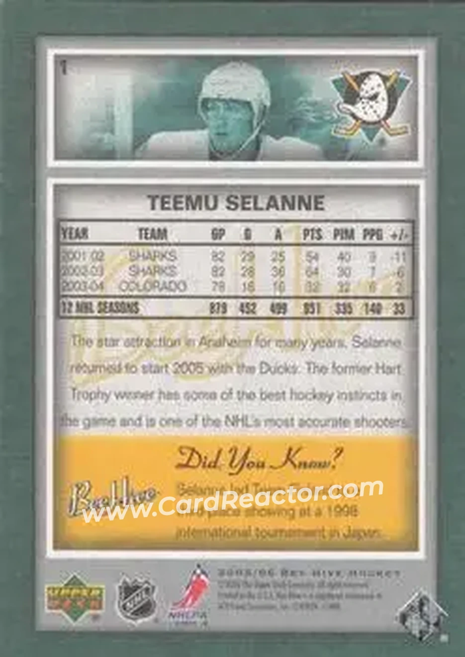 2005-06 Upper Deck Bee Hive #1 - Teemu Selanne - Anaheim Mighty Ducks - Back