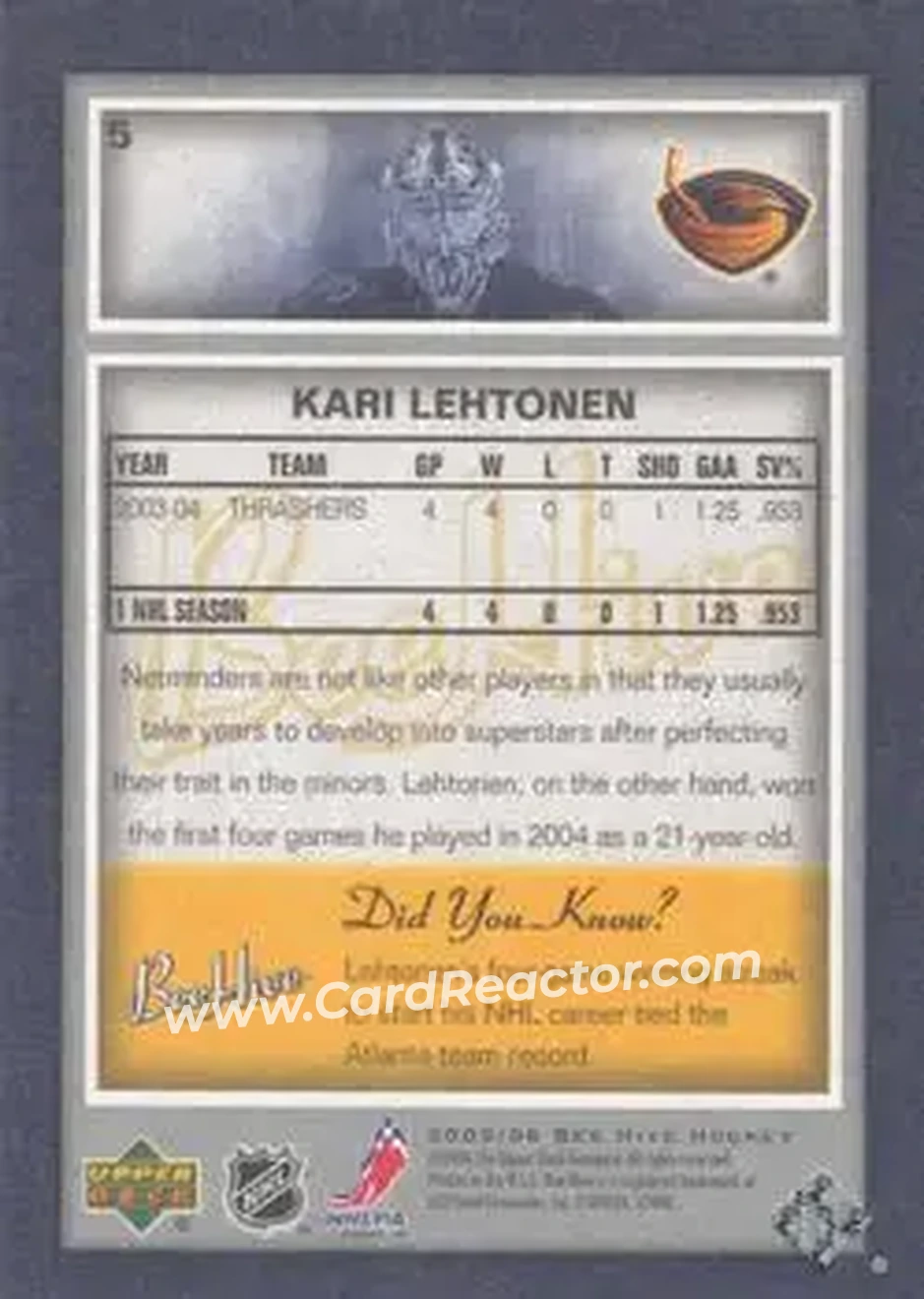 2005-06 Upper Deck Bee Hive #5 - Kari Lehtonen - Atlanta Thrashers - Back