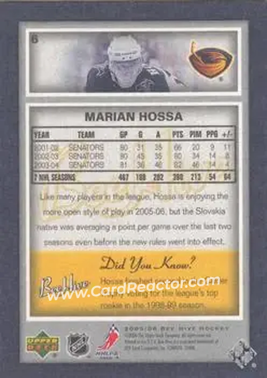 2005-06 Upper Deck Bee Hive #6 - Marian Hossa - Atlanta Thrashers - Back 2005-06 Upper Deck Bee Hive #6 - Marian Hossa - Atlanta Thrashers - Back