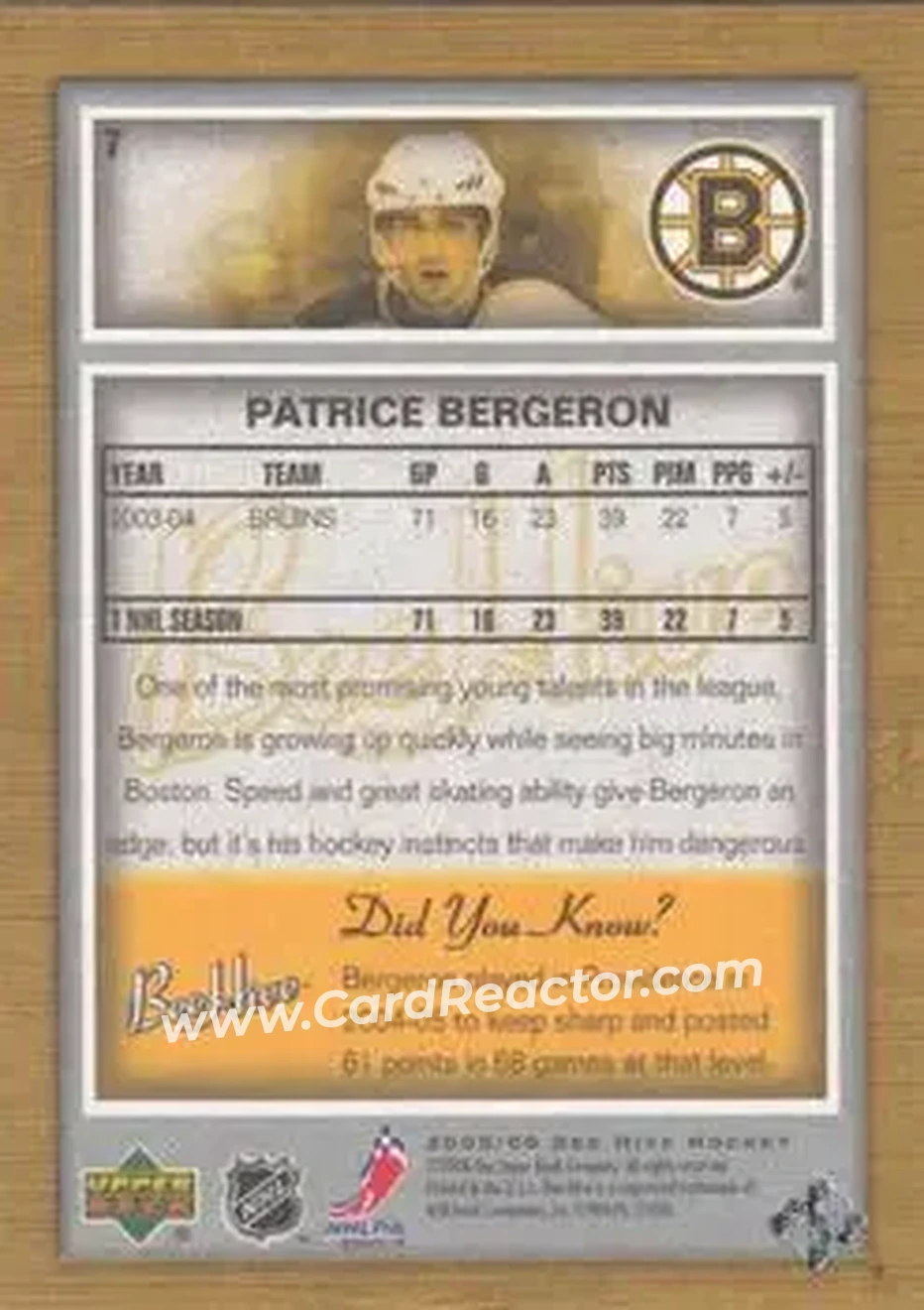 2005-06 Upper Deck Bee Hive #7 - Patrice Bergeron - Boston Bruins - Back