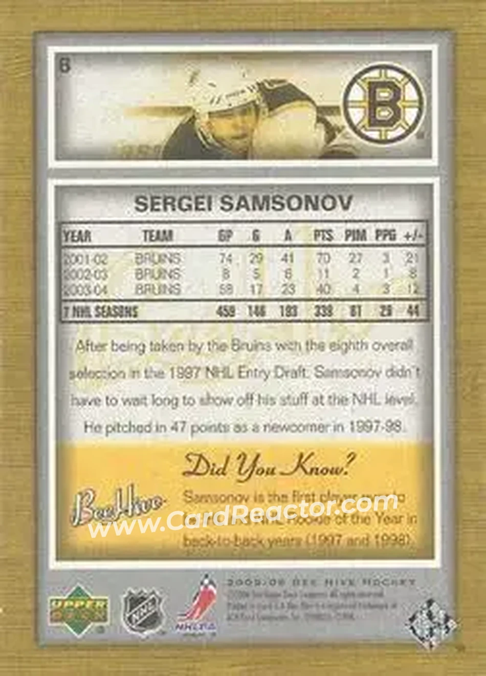 2005-06 Upper Deck Bee Hive #8 - Sergei Samsonov - Boston Bruins - Back