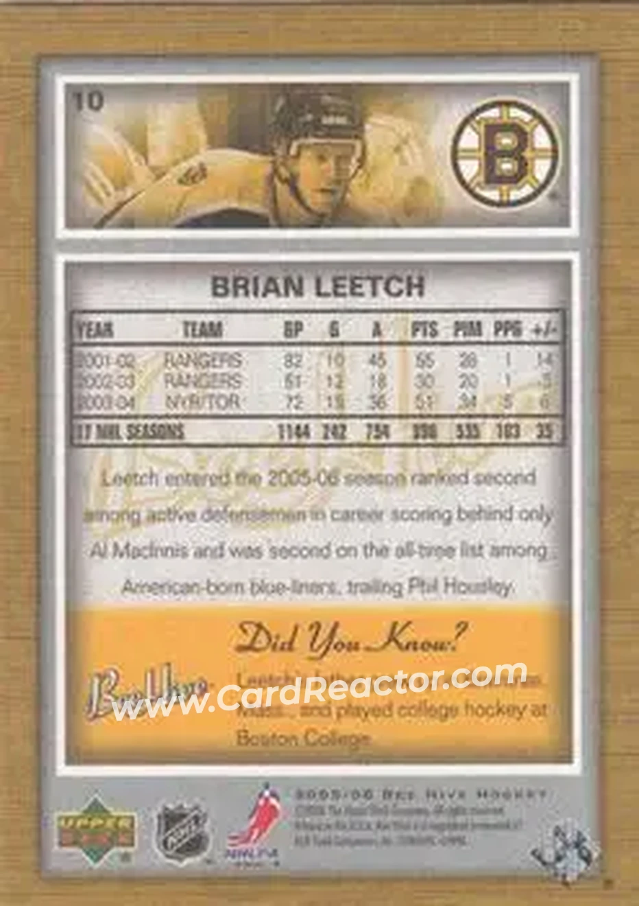 2005-06 Upper Deck Bee Hive #10 - Brian Leetch - Boston Bruins - Back