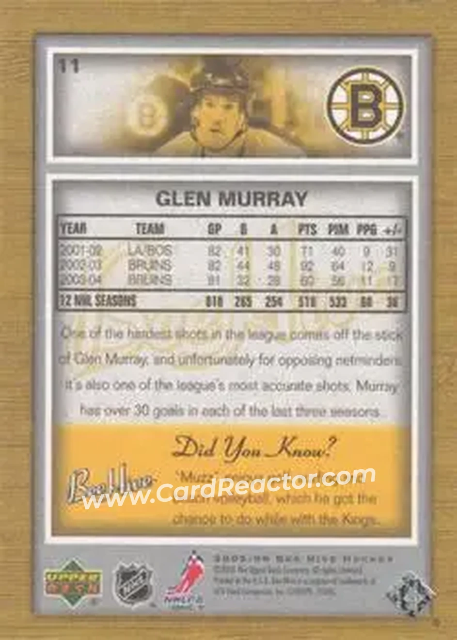 2005-06 Upper Deck Bee Hive #11 - Glen Murray - Boston Bruins - Back