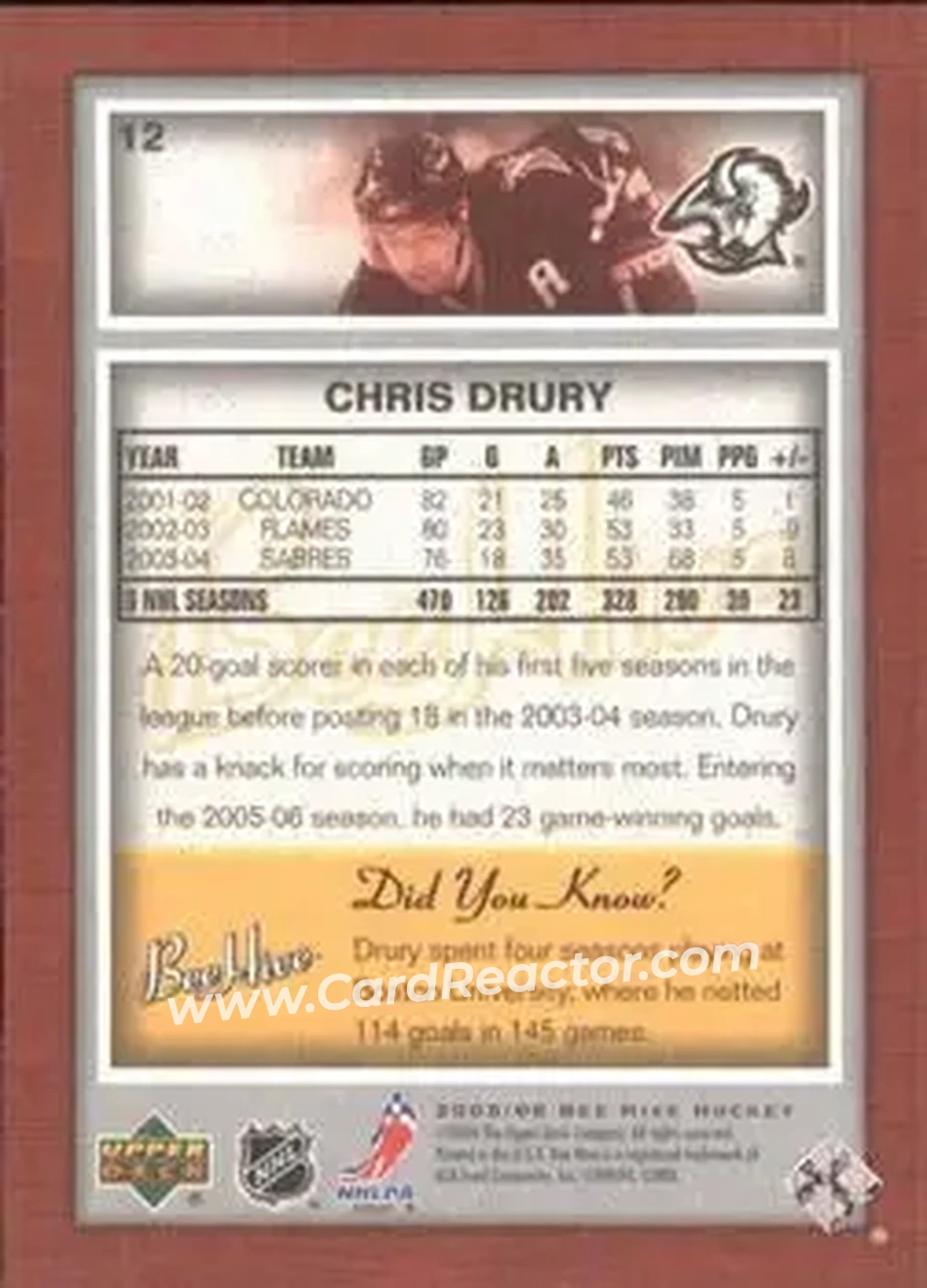 2005-06 Upper Deck Bee Hive #12 - Chris Drury - Buffalo Sabres - Back
