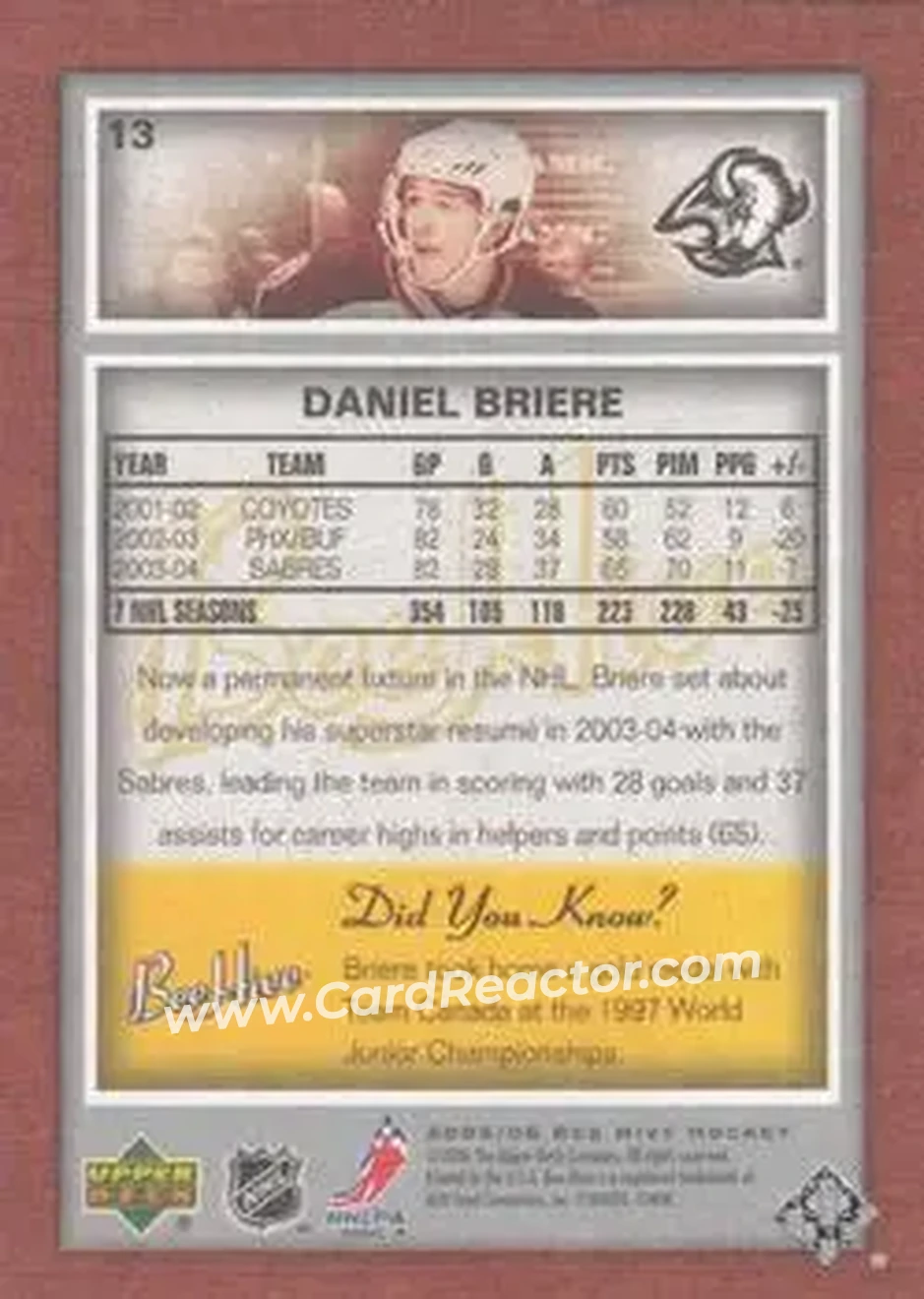 2005-06 Upper Deck Bee Hive #13 - Daniel Briere - Buffalo Sabres - Back