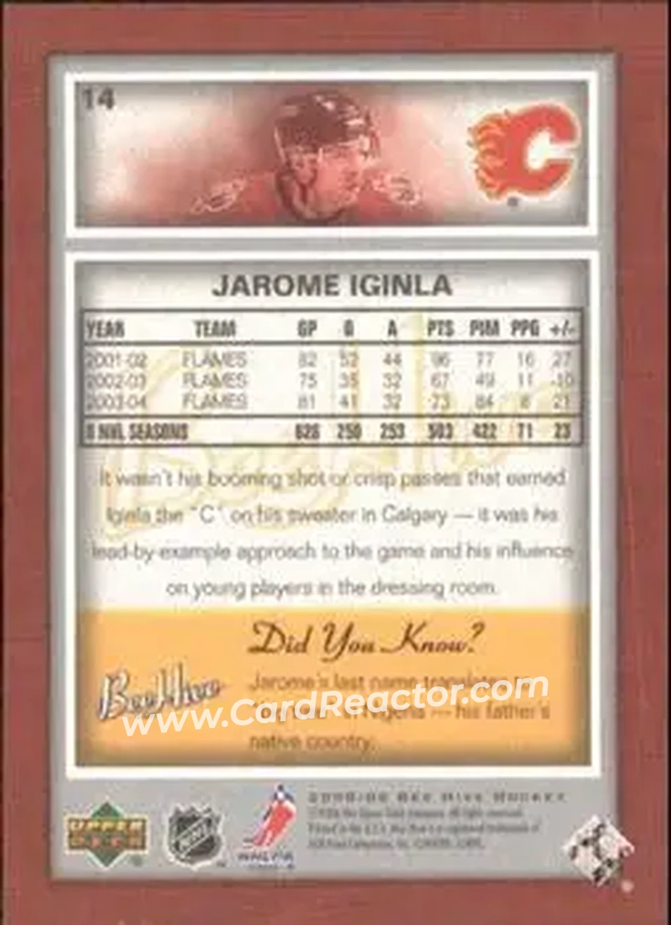 2005-06 Upper Deck Bee Hive #14 - Jarome Iginla - Calgary Flames - Back