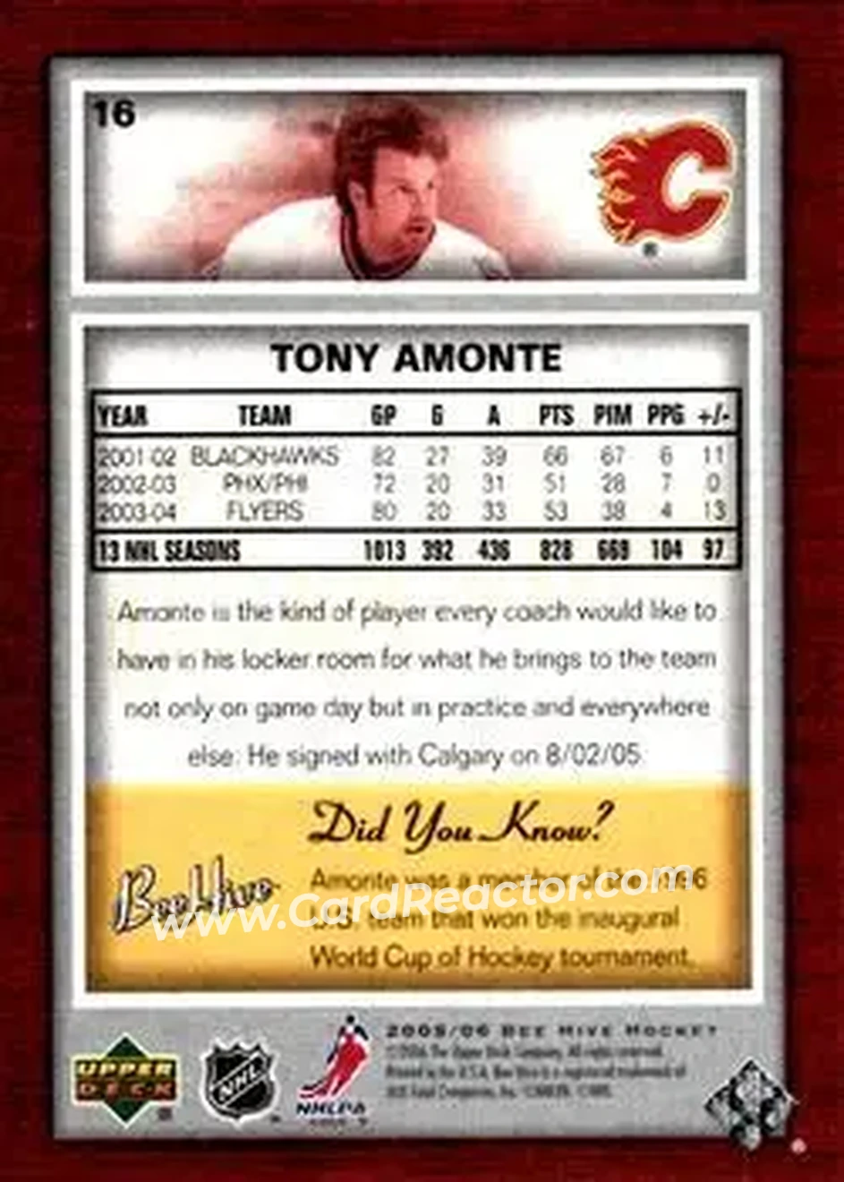 2005-06 Upper Deck Bee Hive #16 - Tony Amonte - Calgary Flames - Back