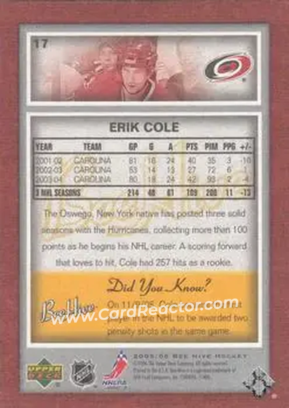 2005-06 Upper Deck Bee Hive #17 - Erik Cole - Carolina Hurricanes - Back 2005-06 Upper Deck Bee Hive #17 - Erik Cole - Carolina Hurricanes - Back