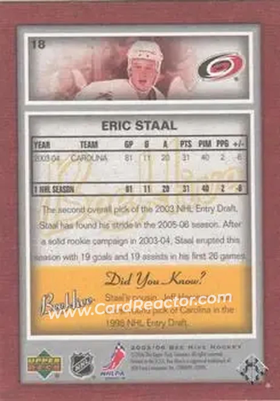 2005-06 Upper Deck Bee Hive #18 - Eric Staal - Carolina Hurricanes - Back 2005-06 Upper Deck Bee Hive #18 - Eric Staal - Carolina Hurricanes - Back