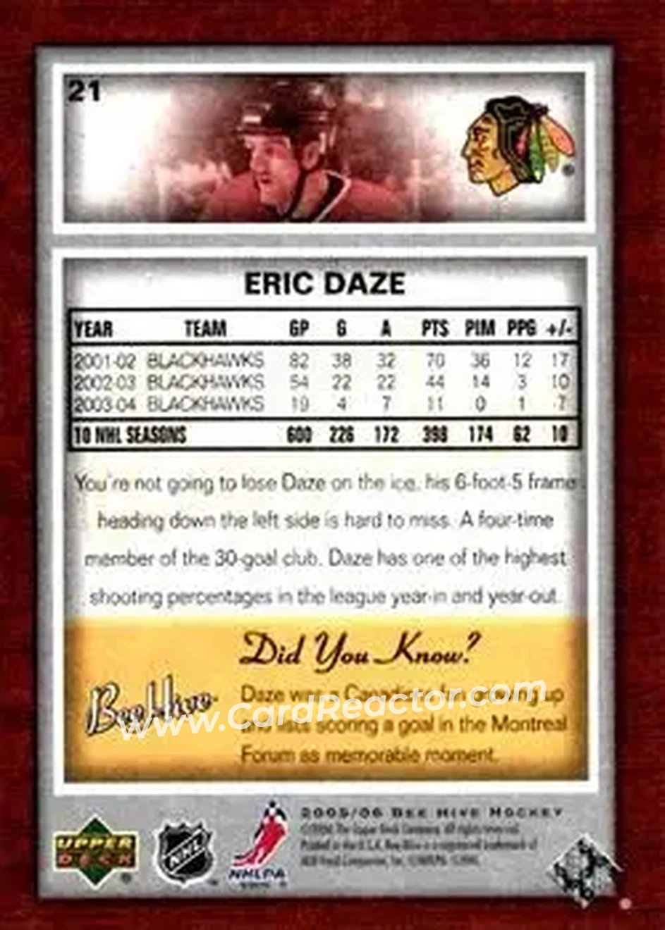 2005-06 Upper Deck Bee Hive #21 - Eric Daze - Chicago Blackhawks - Back 2005-06 Upper Deck Bee Hive #21 - Eric Daze - Chicago Blackhawks - Back