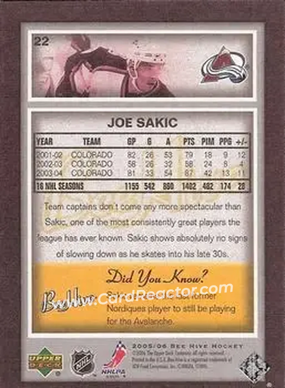 2005-06 Upper Deck Bee Hive #22 - Joe Sakic - Colorado Avalanche - Back 2005-06 Upper Deck Bee Hive #22 - Joe Sakic - Colorado Avalanche - Back