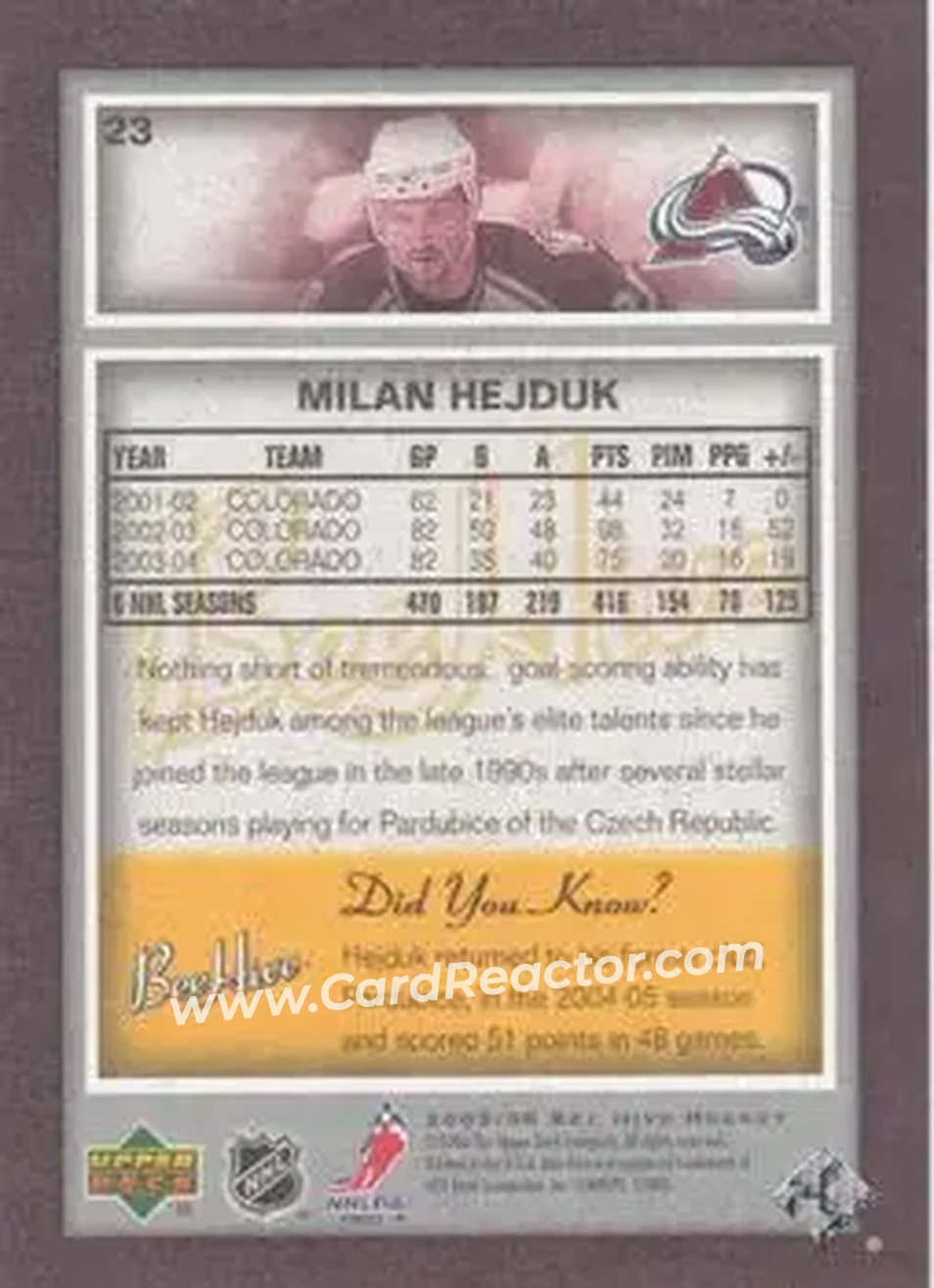 2005-06 Upper Deck Bee Hive #23 - Milan Hejduk - Colorado Avalanche - Back