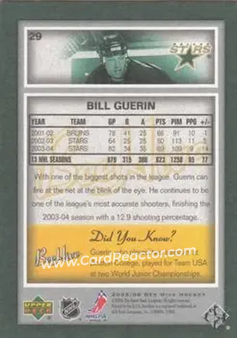 2005-06 Upper Deck Bee Hive #29 - Bill Guerin - Dallas Stars - Back