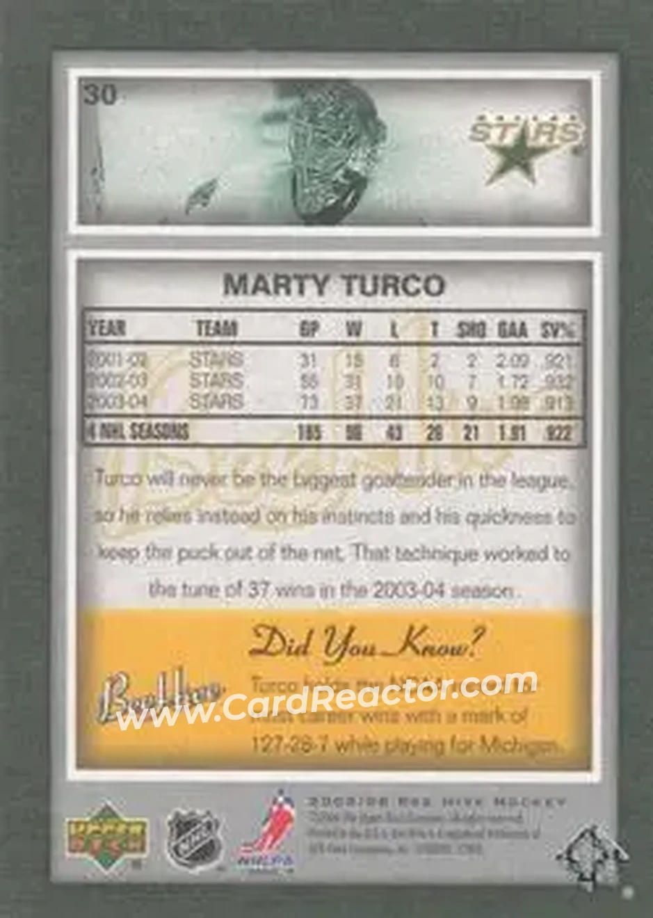 2005-06 Upper Deck Bee Hive #30 - Marty Turco - Dallas Stars - Back 2005-06 Upper Deck Bee Hive #30 - Marty Turco - Dallas Stars - Back