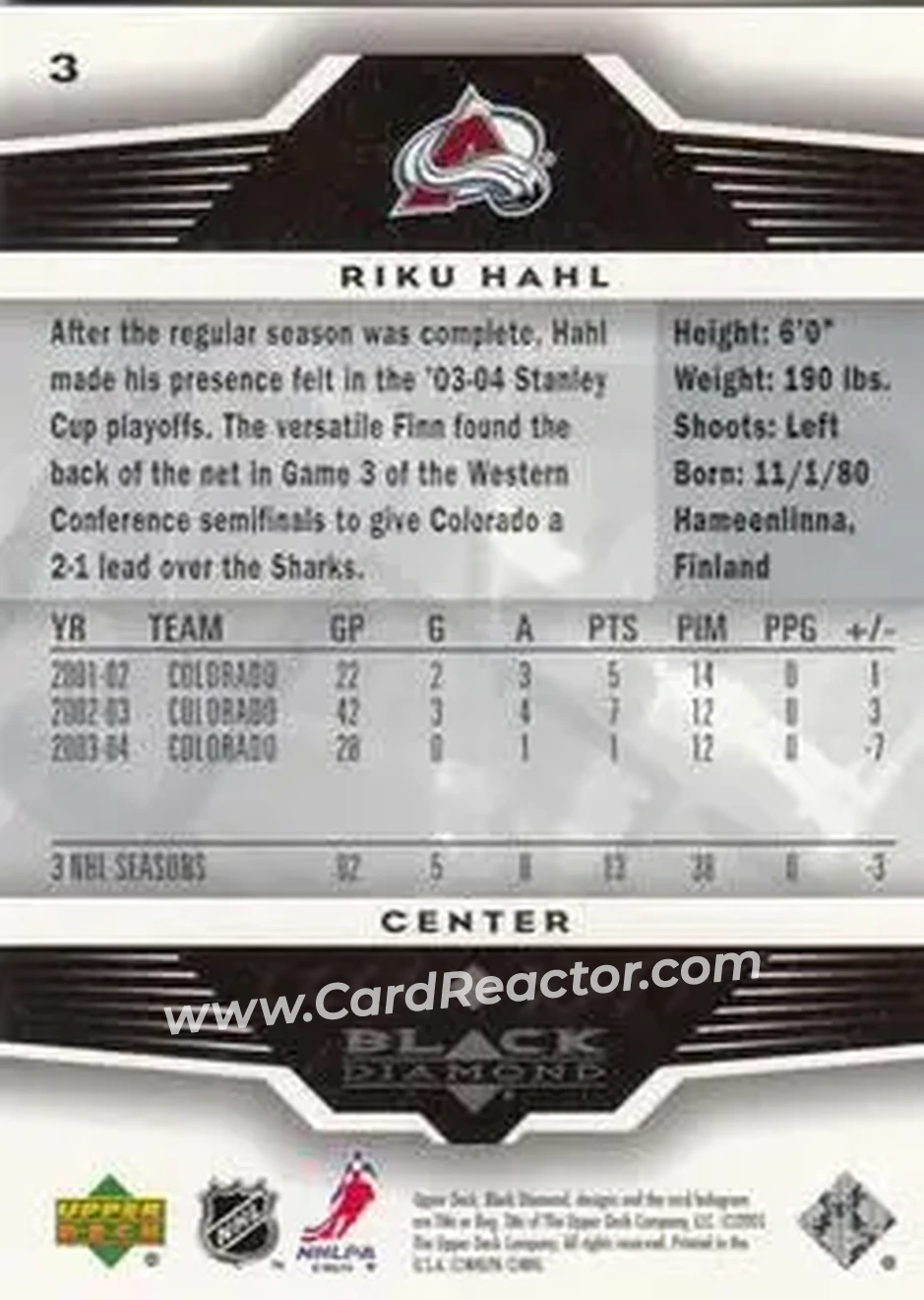 2005-06 Upper Deck Black Diamond #3 - Riku Hahl - Colorado Avalanche - Back
