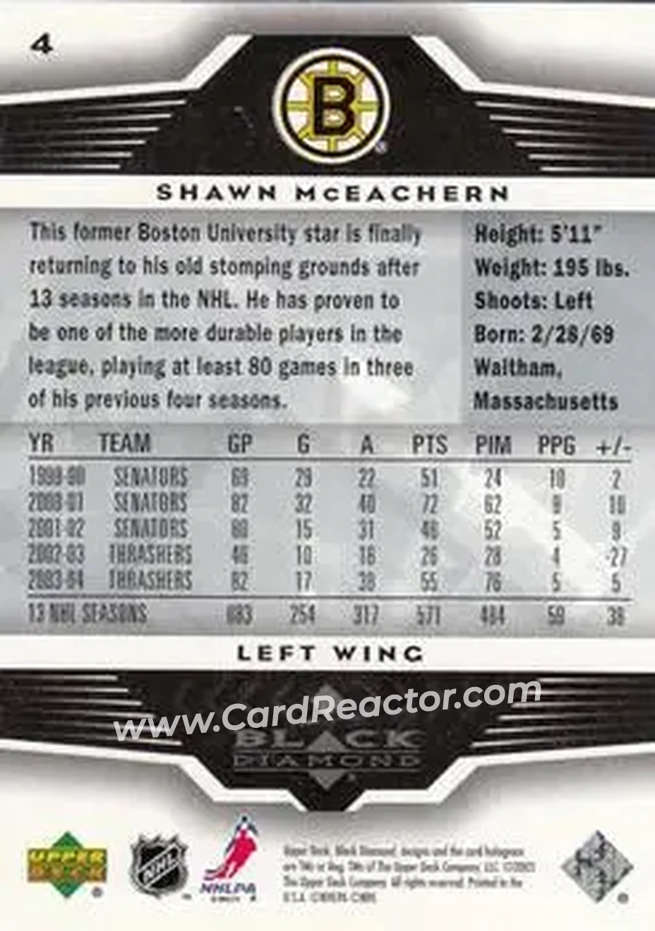 2005-06 Upper Deck Black Diamond #4 - Shawn McEachern - Boston Bruins - Back