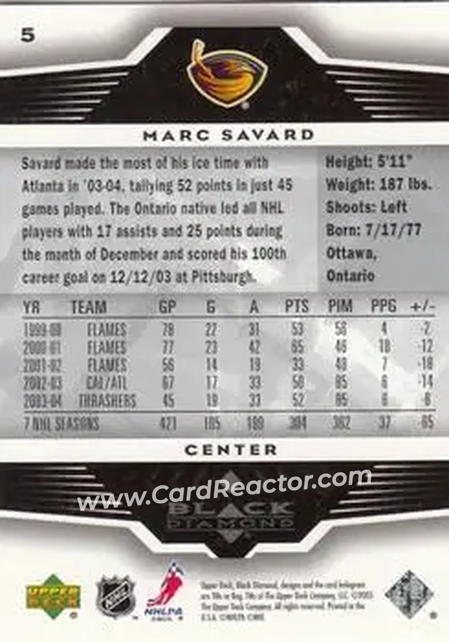 2005-06 Upper Deck Black Diamond #5 - Marc Savard - Atlanta Thrashers - Back