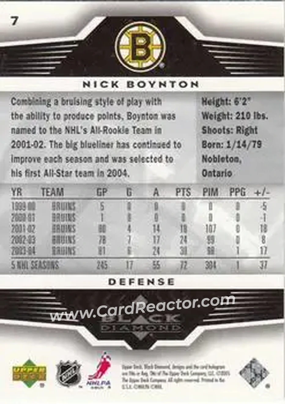 2005-06 Upper Deck Black Diamond #7 - Nick Boynton - Boston Bruins - Back