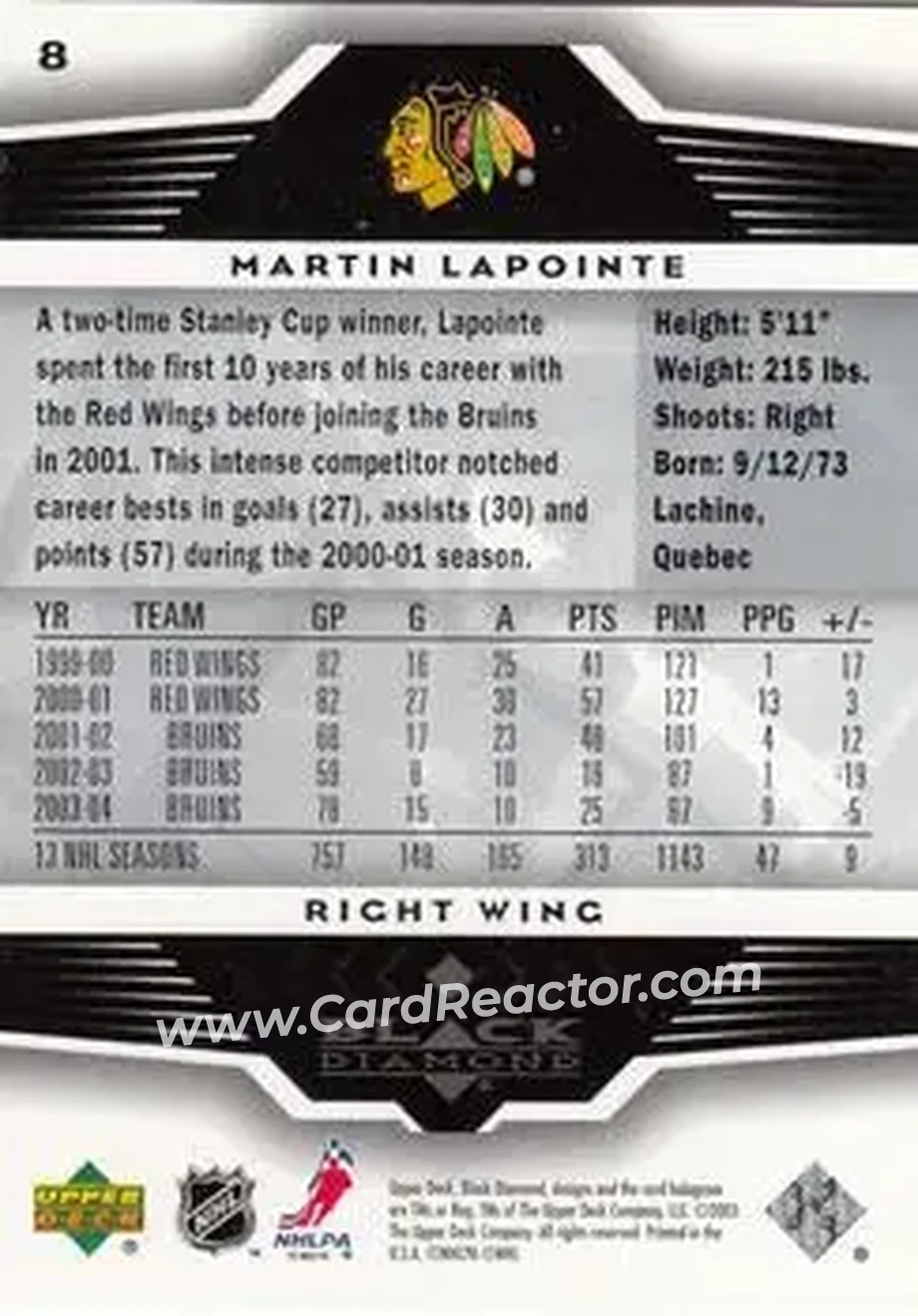 2005-06 Upper Deck Black Diamond #8 - Martin Lapointe - Chicago Blackhawks - Back