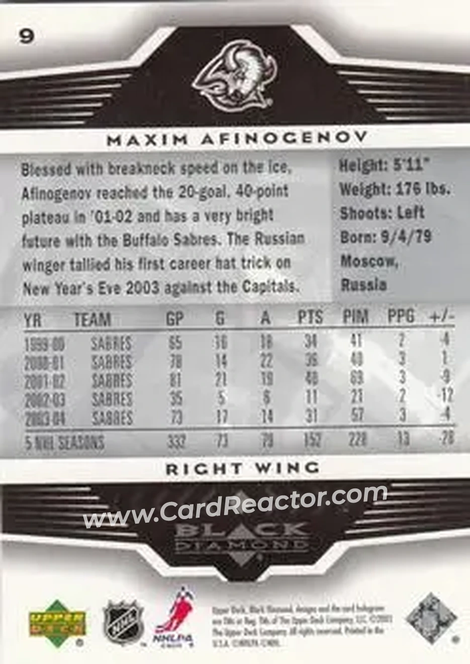 2005-06 Upper Deck Black Diamond #9 - Maxim Afinogenov - Buffalo Sabres - Back