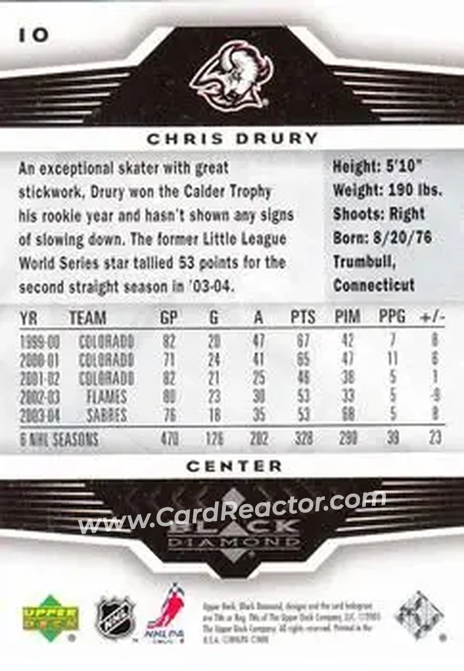 2005-06 Upper Deck Black Diamond #10 - Chris Drury - Buffalo Sabres - Back 2005-06 Upper Deck Black Diamond #10 - Chris Drury - Buffalo Sabres - Back
