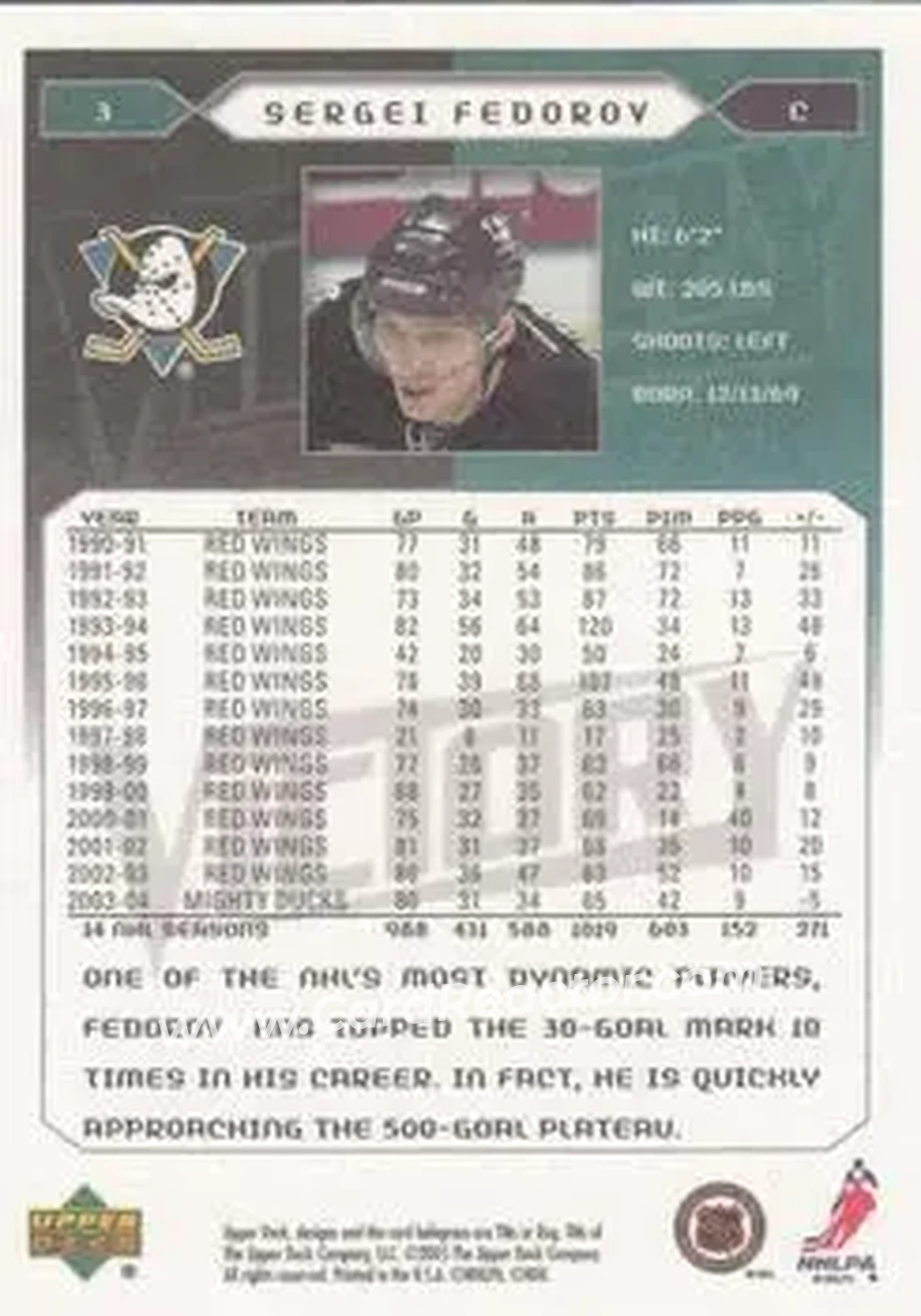 2005-06 Upper Deck Victory #3 - Sergei Fedorov - Anaheim Mighty Ducks - Back