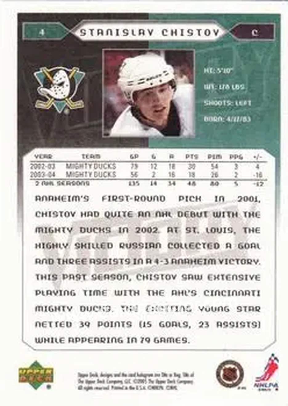 2005-06 Upper Deck Victory #4 - Stanislav Chistov - Anaheim Mighty Ducks - Back
