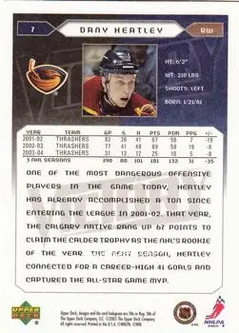 2005-06 Upper Deck Victory #7 - Dany Heatley - Atlanta Thrashers - Back