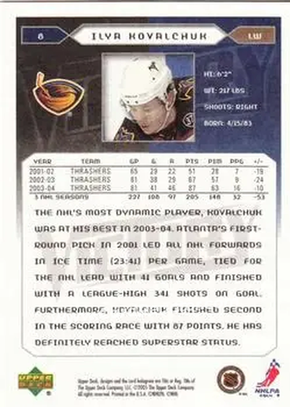 2005-06 Upper Deck Victory #8 - Ilya Kovalchuk - Atlanta Thrashers - Back